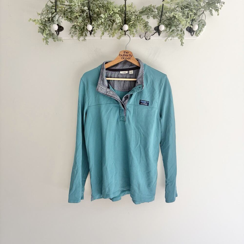 LL. Bean Women’s Long Sleeve Cotton Pullover Quarter Button Mock Neck Large UU7